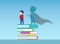 Vector of a boy standing on a pile of books with super hero shadow of himself