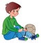 Vector of boy tying shoelace