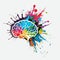 Vector Brain. Logo silhouette isolated on colorful watercolor splashes of paint.