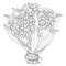 Vector bride bouquet of outline Hydrangea or Hortensia flower bunch and ornate leaves in black isolated on white background.