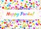 Vector Bright Horizontal Card Happy Purim carnival text with colorful rainbow colors paper confetti frame background.