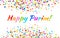 Vector Bright Horizontal Card Happy Purim carnival text with colorful rainbow colors paper confetti frame background.