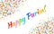 Vector Bright Horizontal Card Happy Purim carnival text with colorful rainbow colors paper confetti frame background.