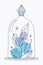 Vector bright lineart sketch blue quartz crystals in a glass dome. Pixiecore and fairycore