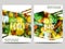 Vector brochure design template with blur background with vegetables and eco labels. Healthy fresh food, vegetarian and eco