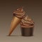 Vector Brown Chocolate Classic Soft Serve Ice Cream Waffle Cone with Chocolate Whipped Cream Cupcake Close up Isolated