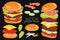 Vector burgers on black background.