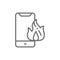 Vector burnt smartphone, damaged phone line icon.