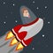 Vector busines man. Flat illustration. Rocket flying into space. Start-up from the earth. Happy manager character on