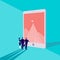 Vector business concept illustration with business people watching on mountain peak on big tablet screen on blue background.