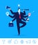 Vector business concept illustration. Businessman with six hands holding objects multitasking and multi skill