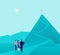 Vector business concept illustration with businessmen, woman standing at mountain pic and watching on top.