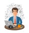 Vector business infographics. businessman in office working on laptop