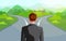 Vector of a business man in front of two roads deciding which way to go in life