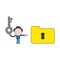 Vector businessman character holding key and pointing file folder keyhole. Color and black outlines
