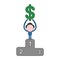 Vector businessman character holding up dollar symbol on first place of winners podium. Color and black outlines