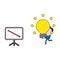 Vector businessman character running and carrying glowing light bulb idea to sales chart moving down. Color and black outlines