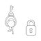 Vector businessman character running and carrying key to unlock padlock. Black outline