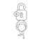 Vector businessman character running and carrying open padlock with key. Black outline