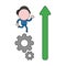 Vector businessman character running on gears and arrow up. Color and black outlines