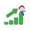 Vector businessman character sitting on sales bar graph moving up and gesturing thumbs up. Color and black outlines