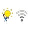 Vector businessman character walking and carrying glowing light bulb idea to wireless wifi with low signal. Color and black