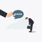 Vector businessman look down with hand holding speech bubble. Boss gives instructions concept illustration