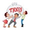 Vector of businessmen and businesswoman holding a heavy sack of tax