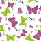 Vector butterfly and flower pattern, green and lila butterfly, blossom. Repeating pattern,