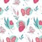 Vector butterfly pattern. Nature insect background with botanical leaves. Kids summer illustration. Natural spring pink