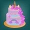 vector cake pink with unicorn and rainbow for children on birthday