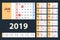 Vector Calendar 2019. beige set. Week starts on Sunday. Basic grid