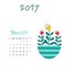 Vector calendar template for March 2017 with cute vase of flowers