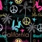 Vector California Colorful On Black Seamless Pattern Surface Design With Surfing Women, Palm Trees, Peace Signs, Surf