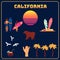 Vector california symbols set sun surfers palms