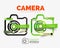 Vector camera linear style icons, 3d cut out relief with sticker - buttons. Photography banner elements