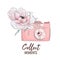 Vector camera with peony illustration. Collect moments vintage t-shirt print. Photo technology symbol. Pink girly poster