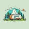 Vector of a campervan parked in a scenic forest with a majestic mountain backdrop