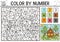 Vector camping color by number activity with trees, van, country house, tents. Summer road trip coloring and counting game. Funny