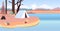 Vector of a camping tent on a lake beach on a summer mountain background