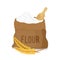 Vector canvas bag with white flour, scoop, ears