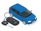 Vector car rental or sale concept. Car and Car Keys and charm of the alarm system. Flat 3d isometric vector illustration