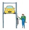 Vector car repair, repairman lifted car on auto lift. Hand drawn illustration