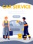 Vector car service poster with mechanics repair and wash automobile in garage.