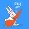 Vector card, banner lettering letters I miss you, cartoon cute rabbit with carrot