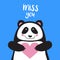 Vector card, banner lettering letters I miss you, cartoon panda holding heart and smiling