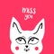 Vector card, banner lettering letters I miss you, cute cartoon cat with a thoughtful look
