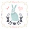 Vector card with cute bunny. Postcard with love text. Funny cartoon animal.