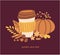 Vector card design Pumpkin spice latte on dark brown background.