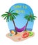 Vector card with hammock between coconut palms, various beach utensil and time to travel text